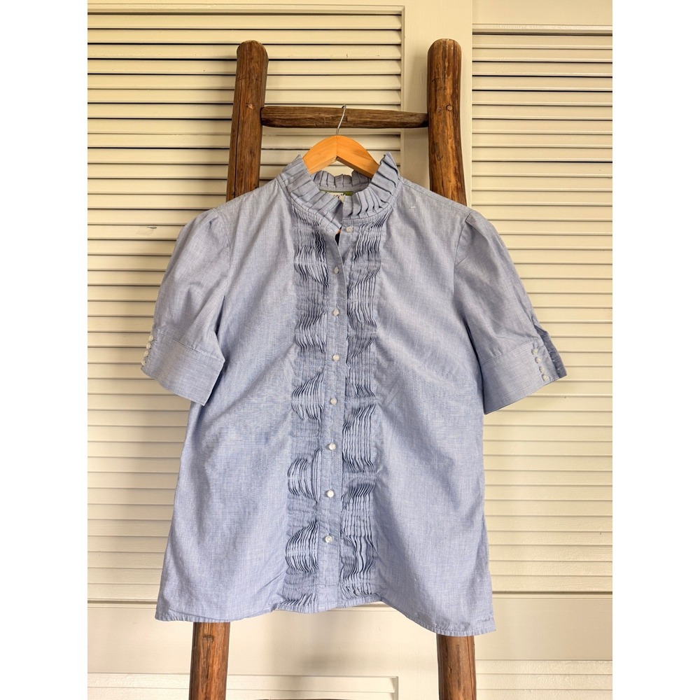 Elizabeth McKay Ruffle Neck Pintuck Blouse Blue